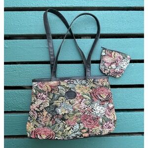 VTG Floral Tapestry Shoulder Handbag Purse & Mini Pouch Multicolored